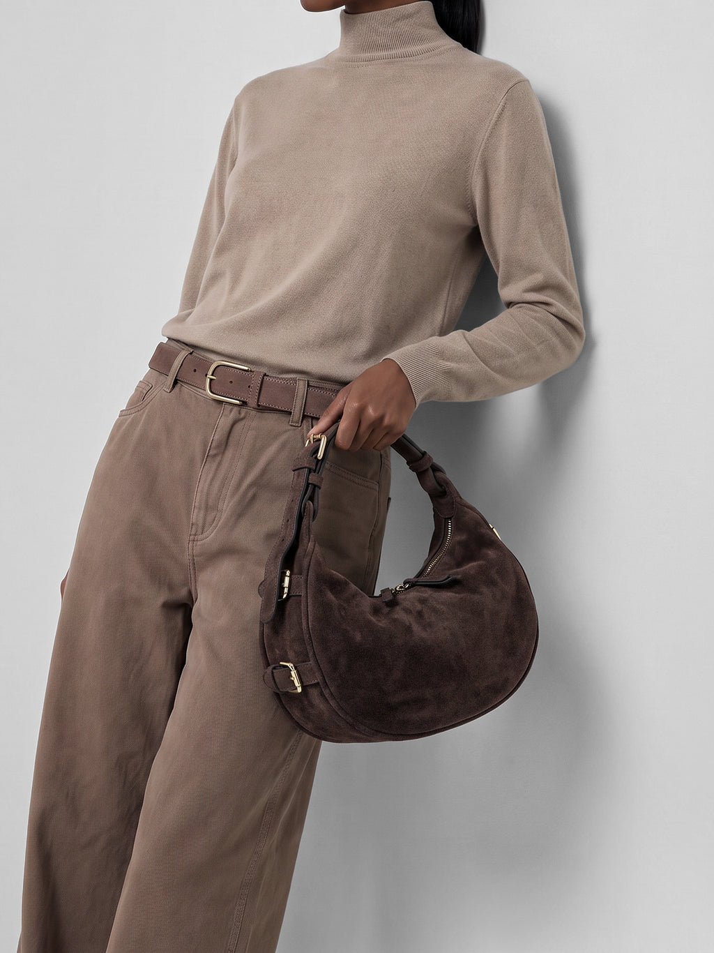 JULIE 016 - Brown Suede Shoulder Bag - image 2,side view