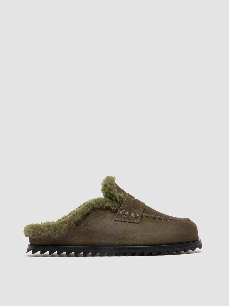 PELAGIE D'HIVER 007 - Green Suede and Shearling Mules